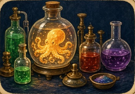 Lab bottles with a glowing octopus