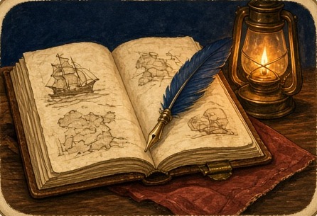 Ship's logbook and lantern
