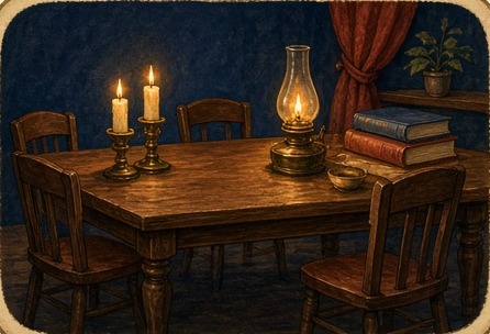 Candlelit table with old books