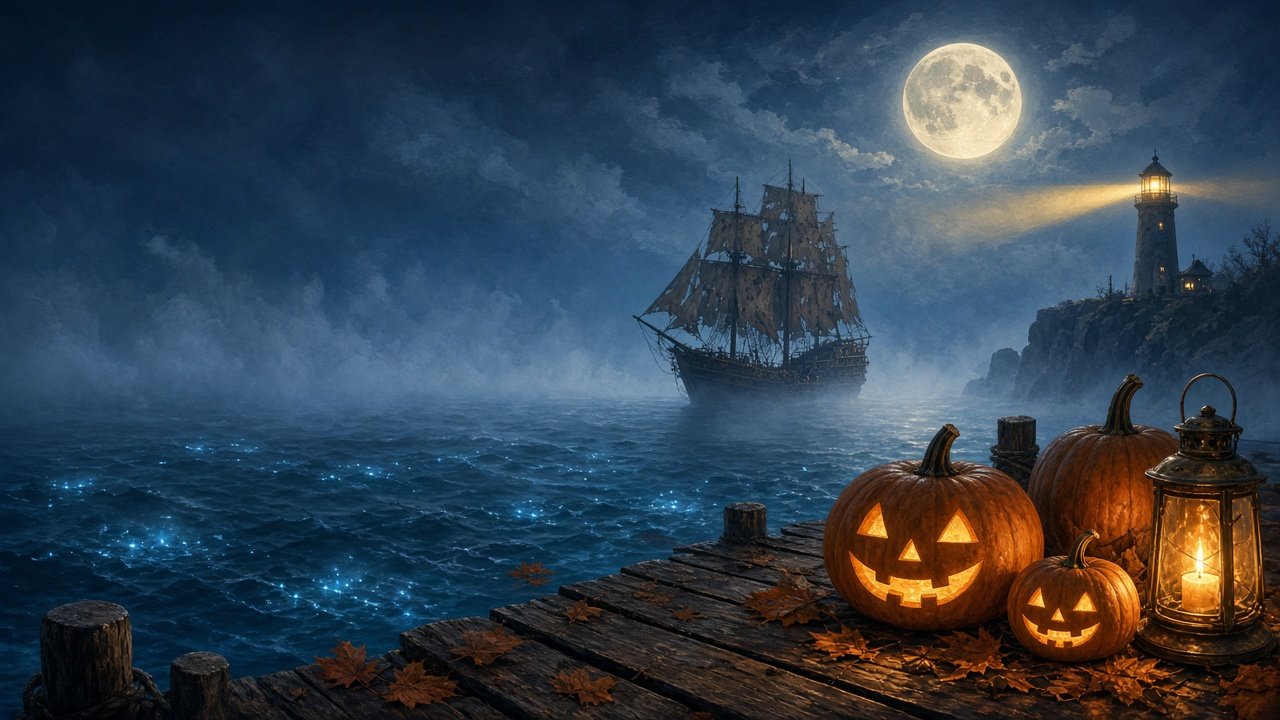 Foggy moonlit harbor with jack-o'-lanterns